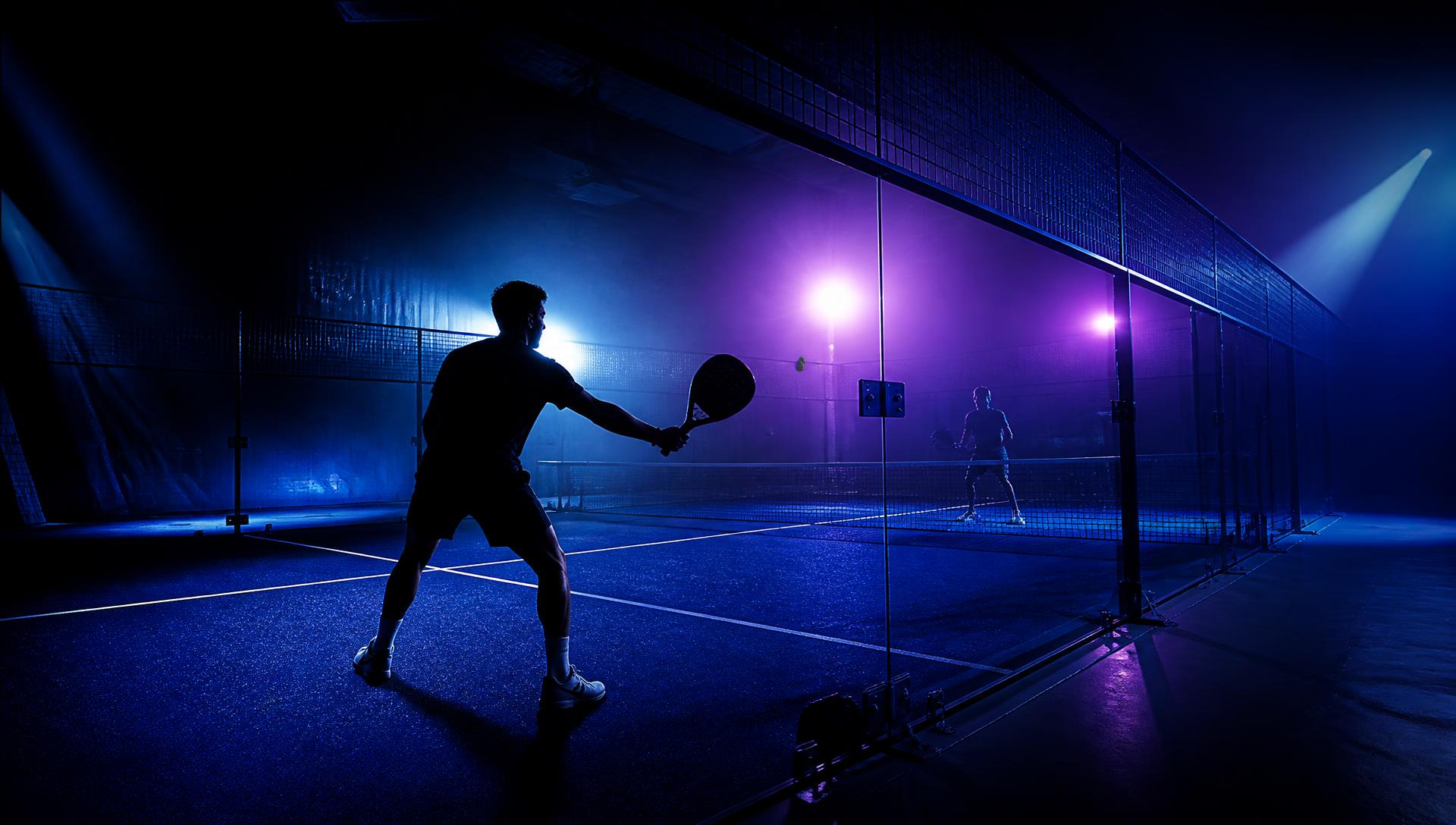 Players competing on a floodlit indoor padel court